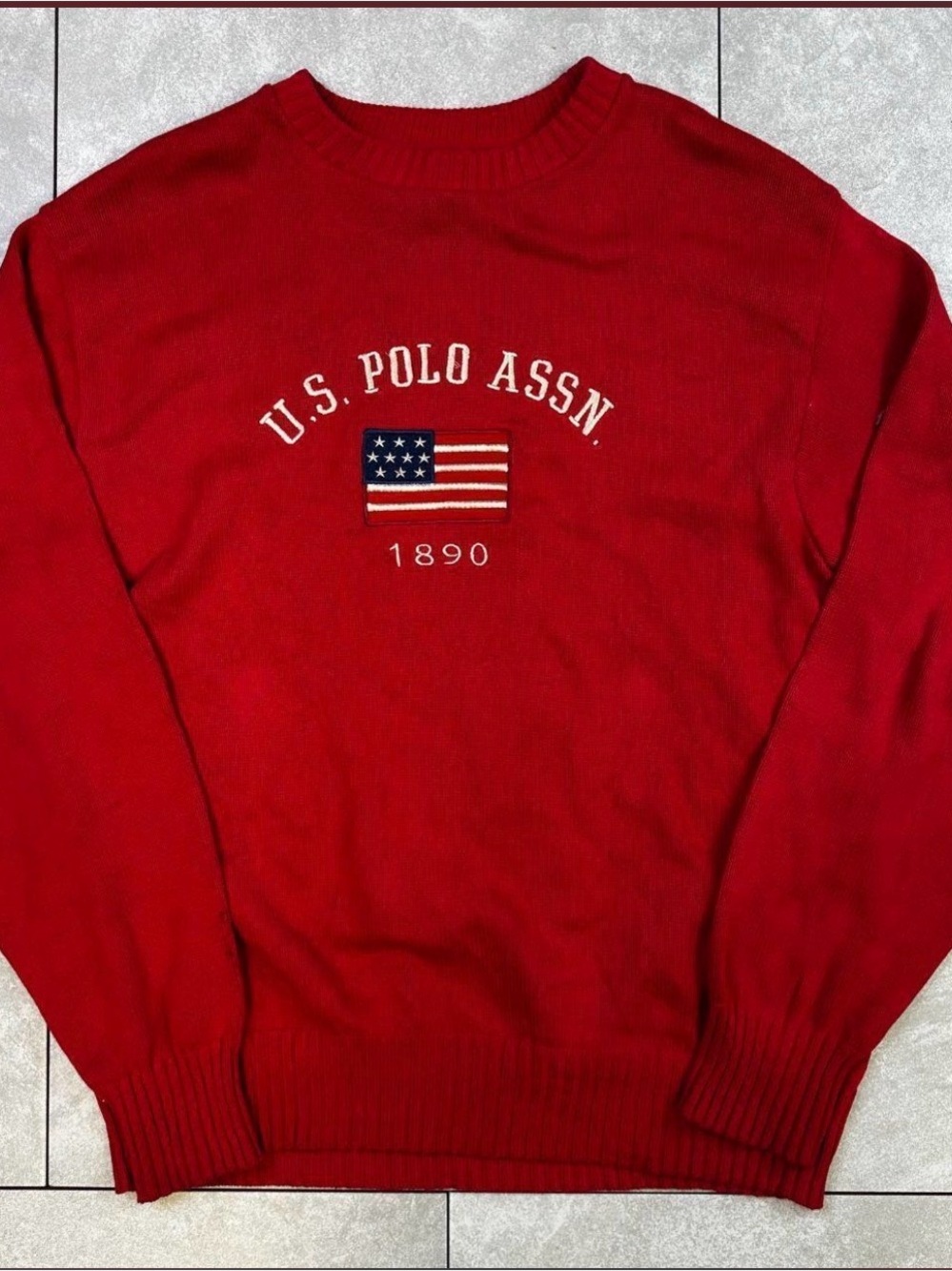 U.S. Polo Assn. Men's Bright Red Crewneck Sweater with Embroidered Flag